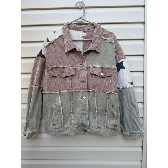 POL Star Patchwork Shacket Corduroy Denim Jacket Oversized Large - Picture 2 of 7